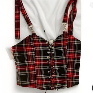 AKIRA Red & Black Plaid Tartan Lace-Up Corset Crop Top | Size M NWOT